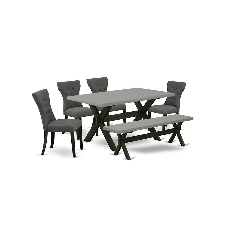 East West Furniture 6-Piece Dining room Table Set-Dark Gotham Grey Linen Fabric Seat and Button Tufted Chair Back Dining chairs, A Rectangular Bench a