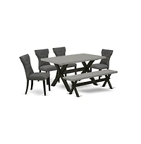 East West Furniture 6-Piece Dining room Table Set-Dark Gotham Grey Linen Fabric Seat and Button Tufted Chair Back Dining chairs, A Rectangular Bench a