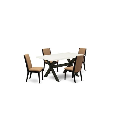 East West Furniture 5-Piece Amazing Modern Dining Table Set a Good Linen White Wood Dining Table Top and 4 Gorgeous Linen Fabric Padded Parson Chairs
