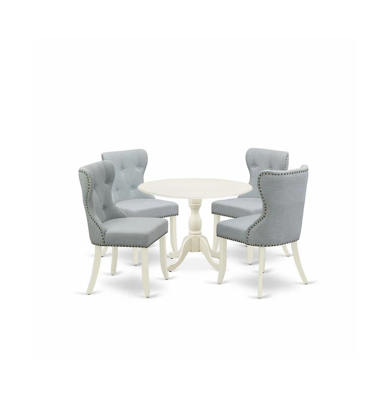East West Furniture 5 Piece Dining Set Consists of 1 Drop Leaves Dining Table and 4 Baby Blue Linen Fabric Chairs Button Tufted Back with Nail Heads