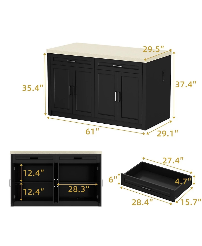 Kitchen island with 2 drawers, 4 doors, kitchen island storage table with sockets, coffee station and microwave rack for home, dining