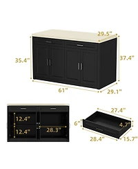 Kitchen island with 2 drawers, 4 doors, kitchen island storage table with sockets, coffee station and microwave rack for home, dining