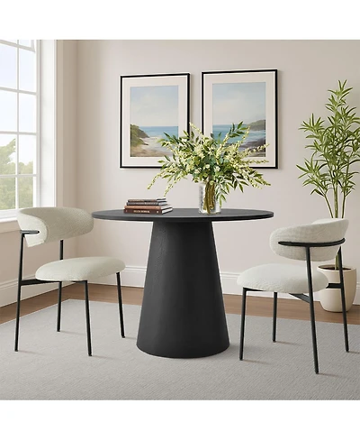Maison Boucle 3-Piece 35" Round Black Dining Table Set with Cone Base and 2 Blue Upholstered Curved Back Chairs, Modern Small Space Dining-Mais