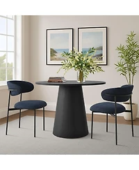 Maison Boucle 3-Piece 35" Round Black Dining Table Set with Cone Base and 2 Blue Upholstered Boucle Curved Back Chairs, Modern Small Space Dining-Mais