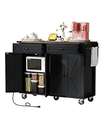 Maison Boucle 47.2" White Farmhouse Rolling Kitchen Island Cart with Drop Leaf, Power Outlet, Spice Rack, Drawers & Storage Cabinet-Maison Boucle