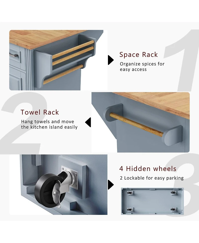 Maison Boucle 47.2" Grey Blue Kitchen Island Cart with Drop Leaf, Drawers, Cabinets, Adjustable Shelves & Spice Rack on Wheels-Maison