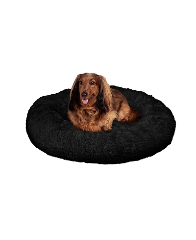 The Licker Store Maisie Bohemian Glam Faux Fur Round Fluffy Calming Donut Pet Bed with Washable Cover
