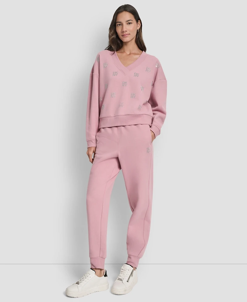 Dkny Women's Allover Stack Rhinestone V-Neck Sweatshirt