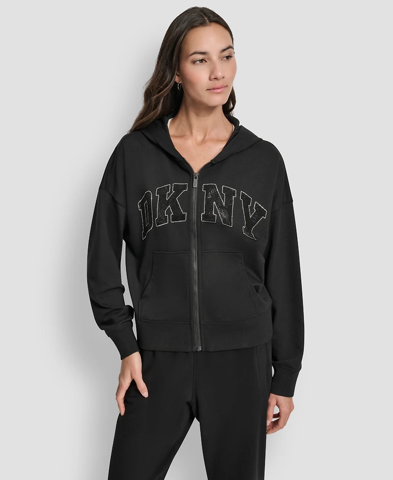 Dkny Women's Exploded Rhinestone Varsity Logo Full-Zip Hoodie