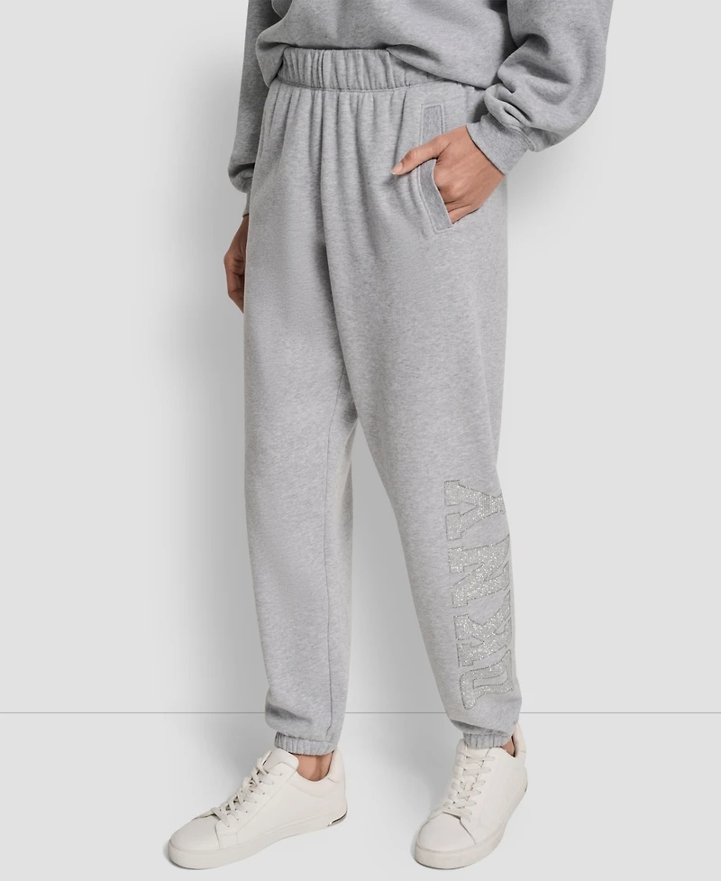 Dkny Women's Exploded Rhinestone Varsity Logo High Rise Relaxed Jogger