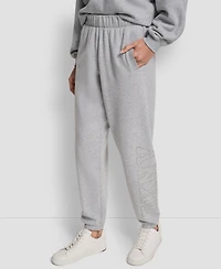 Dkny Women's Exploded Rhinestone Varsity Logo High Rise Relaxed Jogger