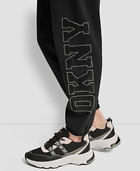 Dkny Women's Exploded Rhinestone Varsity Logo High Rise Relaxed Jogger