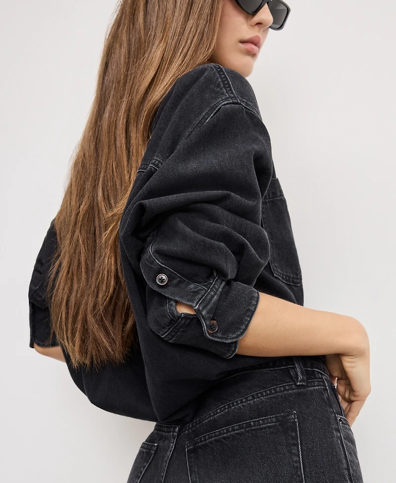 Good American Women's Denim Long Sleeve Shirt Jumpsuit, Regular and Plus