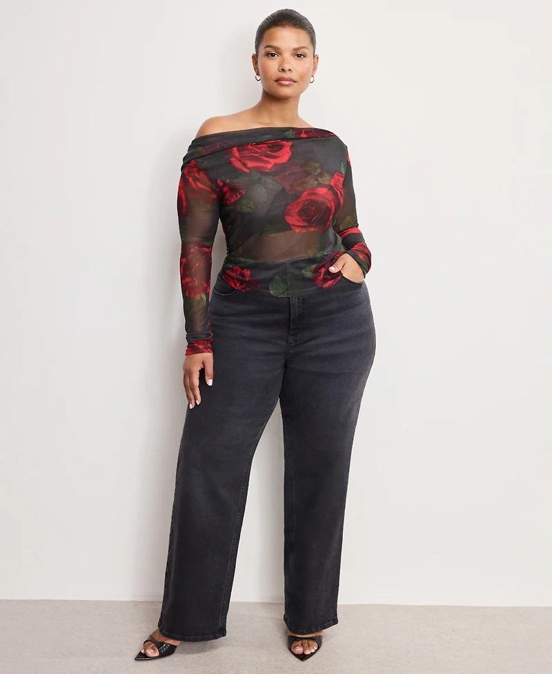 Good American Women's Mesh Ruched Asymmetric Top, Regular and Plus