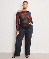 Good American Women's Mesh Ruched Asymmetric Top, Regular and Plus