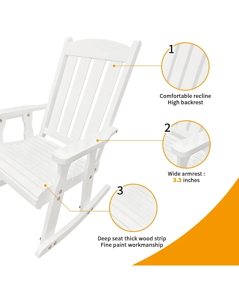 Mega Casa Wooden Rocking Chair with Comfortable Backrest Inclination, High Backrest and Deep Contoured Seat, for Backyard, Porch and Patio (Pu White)