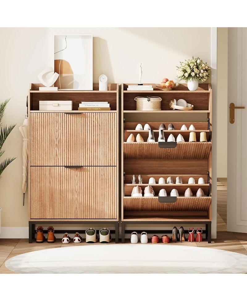 gaomon Narrow Shoe Cabinet Storage for Entryway, Modern Fluted Shoe Rack Organizer with 2 Flip Drawers and an Open Shelf for Hallway, Living Room, Nat