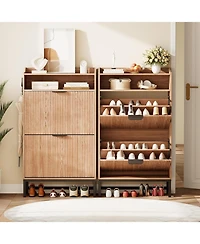 gaomon Narrow Shoe Cabinet Storage for Entryway, Modern Fluted Shoe Rack Organizer with 2 Flip Drawers and an Open Shelf for Hallway, Living Room, Nat