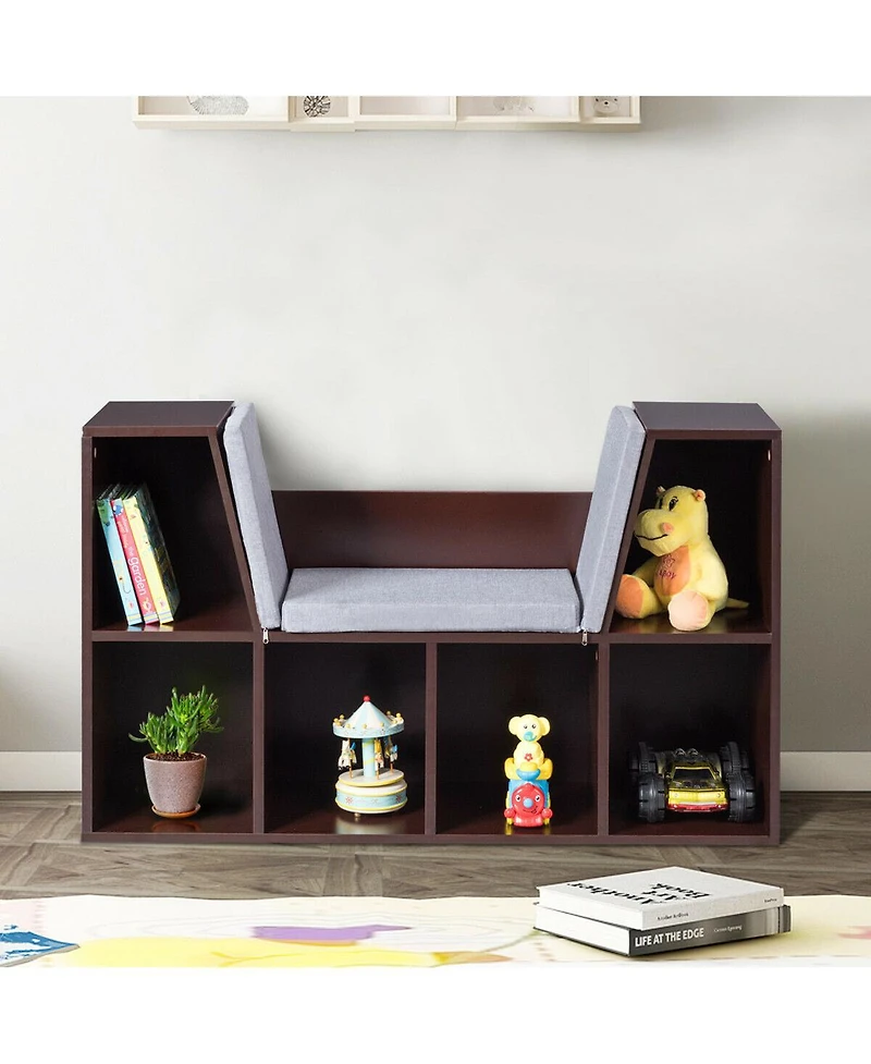 Costway 6 Cubby Kid Storage Cabinet Cushioned Bookcase Multi-Purpose Reading Shelf