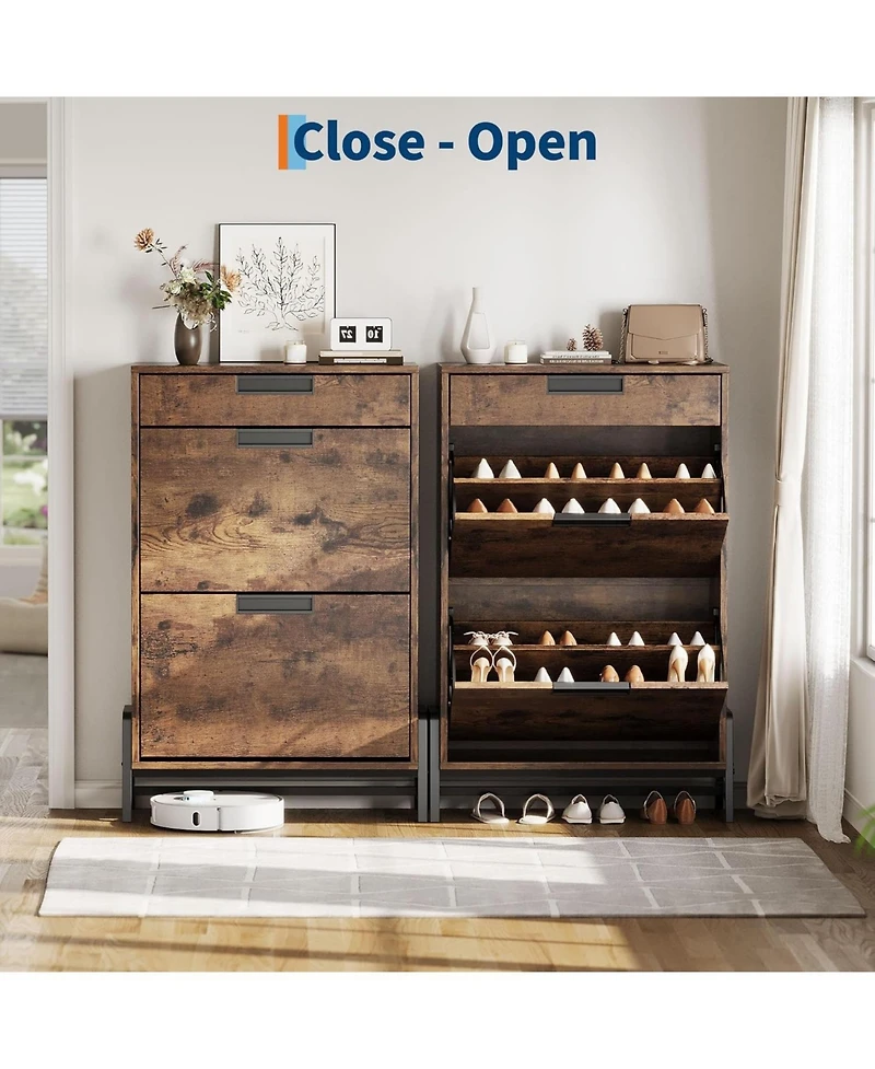 Shoe Storage Organizer with 2 Flip Drawers and 1 Drawer, Freestanding Narrow Shoe Rack, Shoe Storage Organizer with 3-Tier Adjustable Shelves for Entr