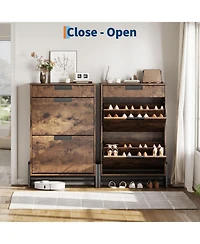 Shoe Storage Organizer with 2 Flip Drawers and 1 Drawer, Freestanding Narrow Shoe Rack, Shoe Storage Organizer with 3-Tier Adjustable Shelves for Entr