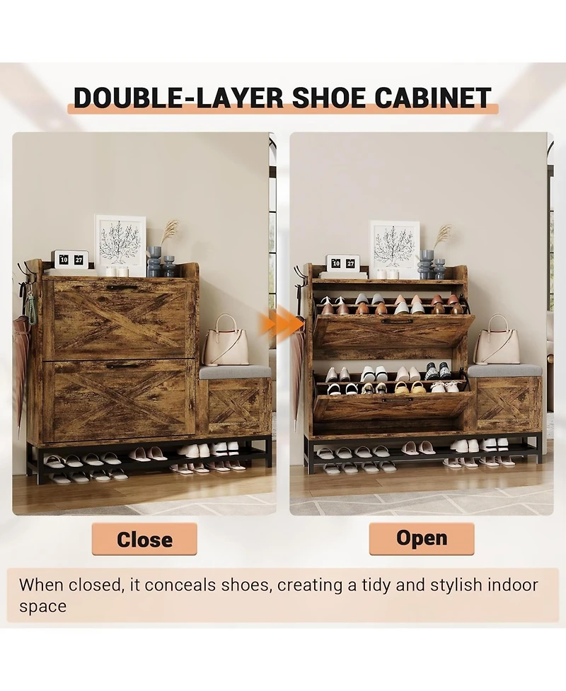 gaomon Shoe Cabinet with 2 Flip-Drawers & Storage Bench, Farmhouse Wood Freestanding Shoe Rack with 2 Hooks & Bottom Shelf for Entryway