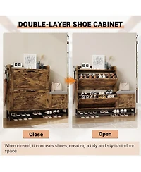 gaomon Shoe Cabinet with 2 Flip-Drawers & Storage Bench, Farmhouse Wood Freestanding Shoe Rack with 2 Hooks & Bottom Shelf for Entryway
