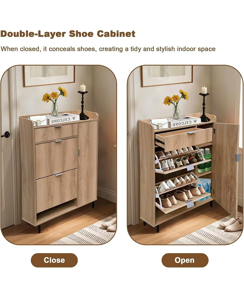 gaomon Shoe Storage Cabinet,Shoe Organizer with 2 Flip Drawers and 2 Drawers, Wavy Freestanding Narrow Shoe Rack Cabinet