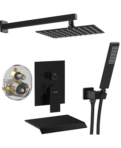 Rainsken High Pressure 10" Rain Shower Head and Handheld Shower Spray, Wall Mount Tub Faucet Shower Valve with Trim and Diverter, Matte Black