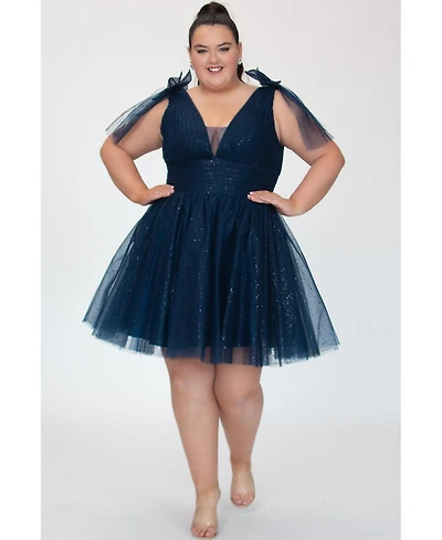 Sydney's Closet Sparkle Tulle Navy Blue Cocktail Party Dress with Bows