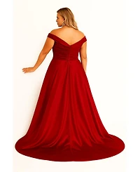 Sydney's Closet Scarlet Red Off-the-Shoulder Satin Evening Ballgown