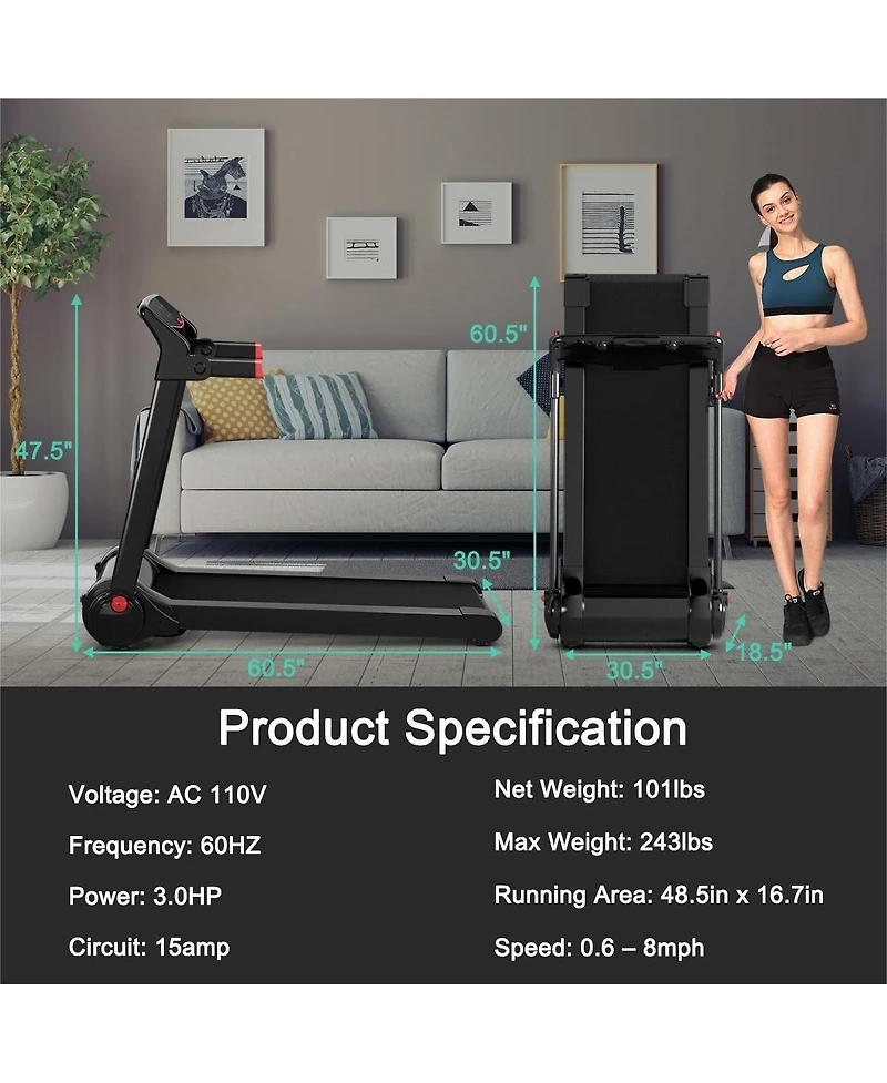 3HP Electric Folding Treadmill with Bluetooth Speaker-Red