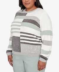 Alfred Dunner Plus Stockbridge Stripe Sequin Colorblock Chenille Sweater