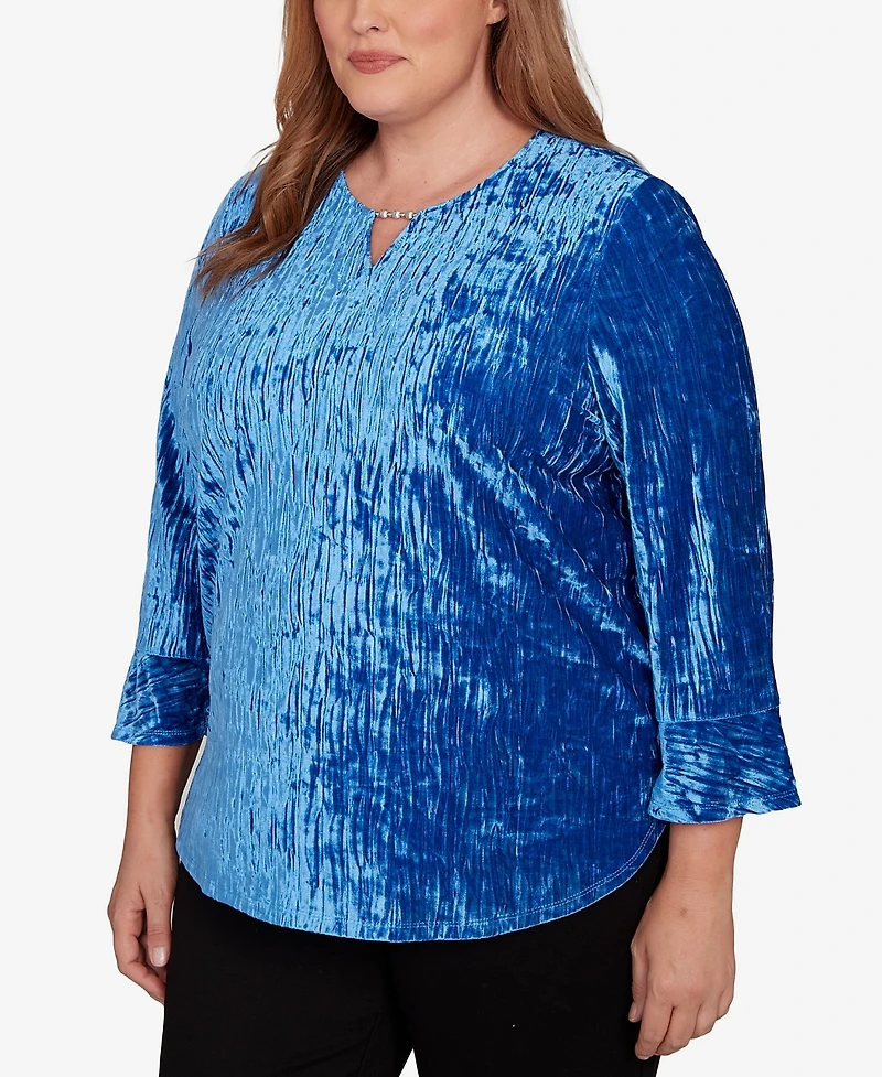 Alfred Dunner Plus Barcelona Crushed Velvet Keyhole Bell Sleeve Top
