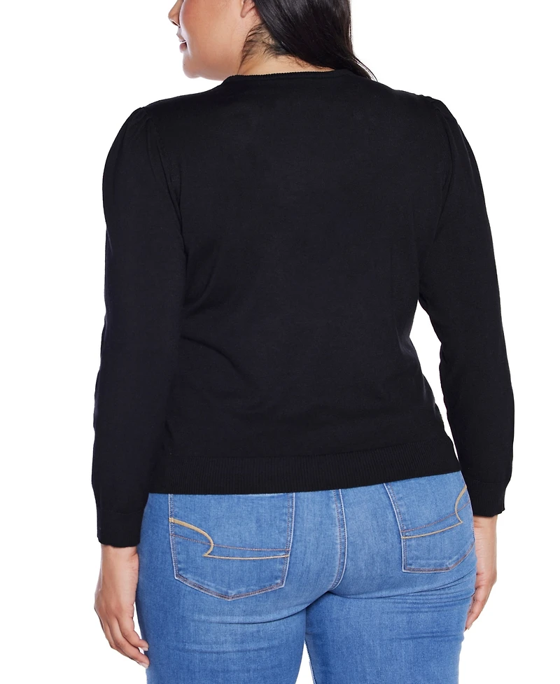 Belldini Plus Puff Sleeve Embellished Neckline Sweater