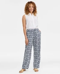 Charter Club Womens 100 Linen Print Pull On Wide Leg Pants Macys Exclusive