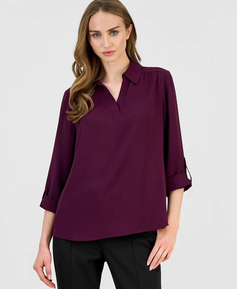 Ak Anne Klein Petite Collared Roll-Tab-Sleeve Shirt