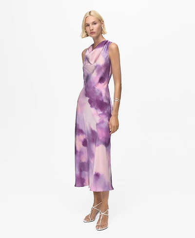 Mango Women's Draped Neckline Satin Tie-Dye Dress