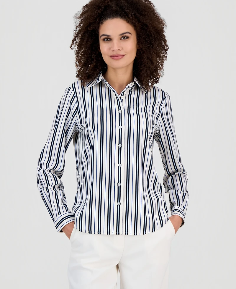 Ak Anne Klein Petite Stripe Slim-Fit Long-Sleeve Shirt