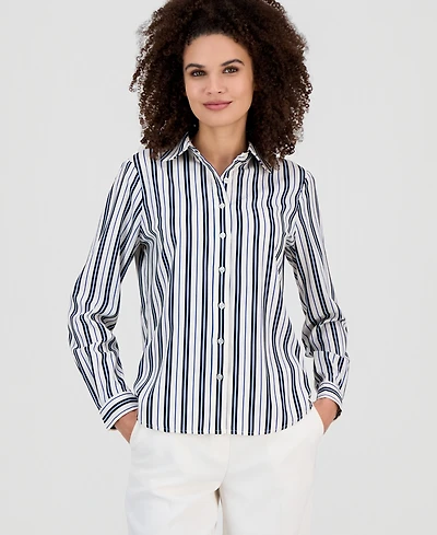 Ak Anne Klein Petite Stripe Slim-Fit Long-Sleeve Shirt
