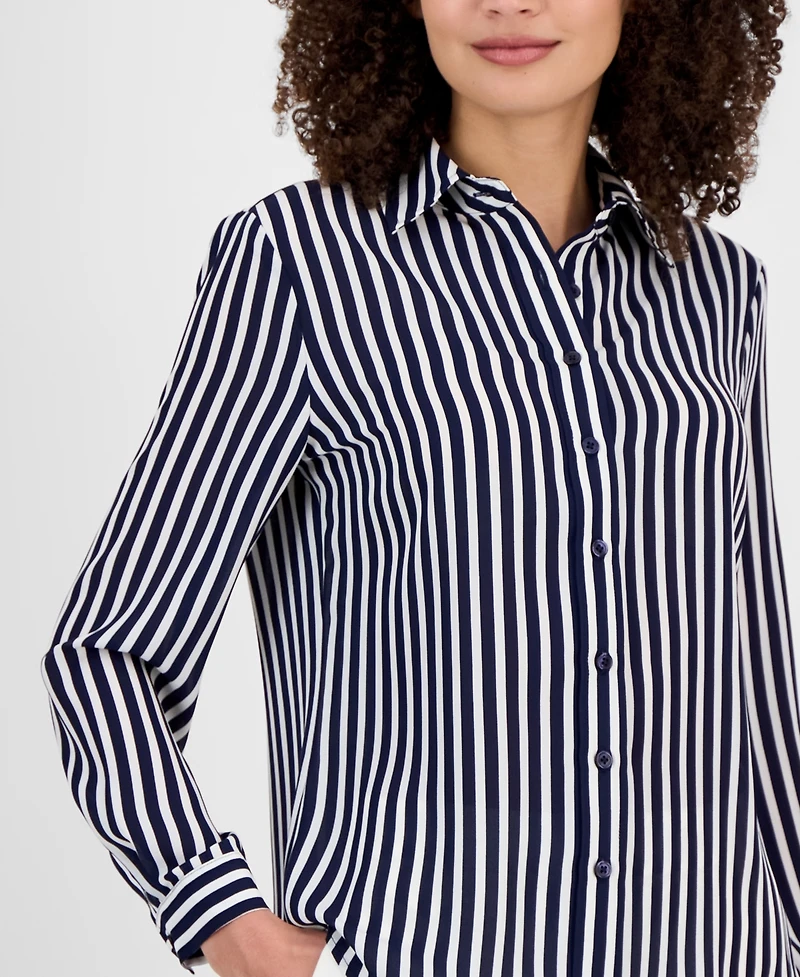 Ak Anne Klein Petite Stripe Button-Front Slim-Fit Shirt