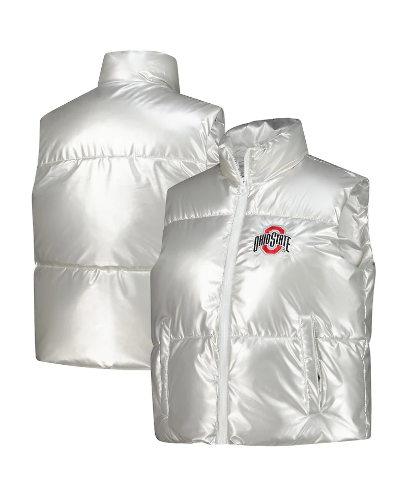 ZooZatz Women's Silver Ohio State Buckeyes Metallic Cropped Full-Zip Sleeveless Puffer Vest