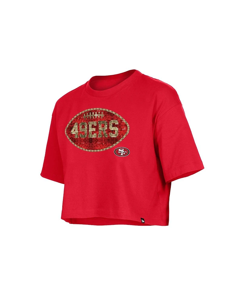 New Era Girls Scarlet San Francisco 49ers Flip Sequin Boxy T-Shirt