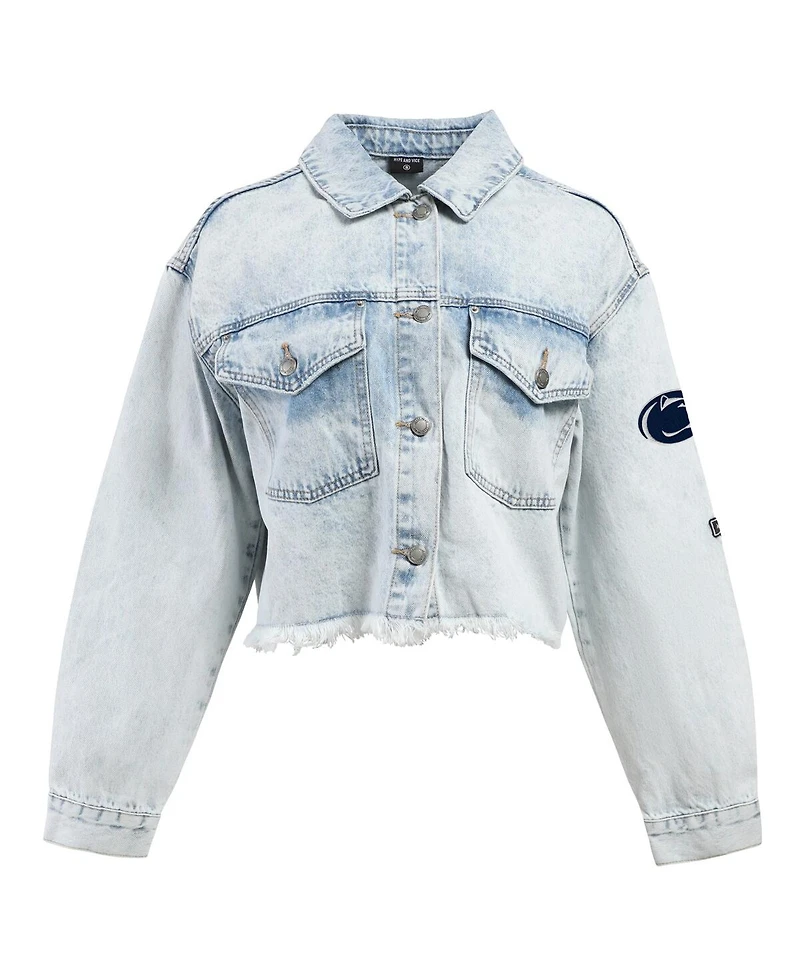 Hype and Vice Women's Denim Penn State Nittany Lions Lightwash Cropped Button-Up Jean Jacket