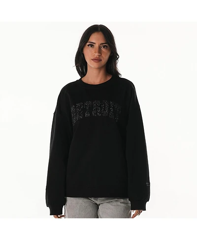The Wild Collective Women's Black Detroit Lions Rock Crystal Oversized Crewneck Sweatshirt