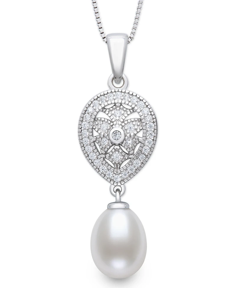 Belle de Mer Cultured Freshwater White Drop Pearl (8-9mm) and Lab Created Sapphire Necklace in Sterling Silver