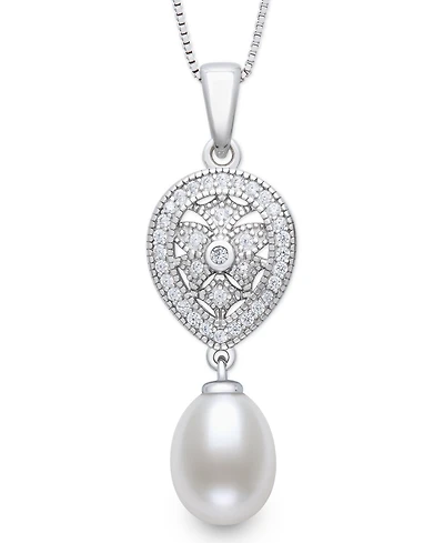 Belle de Mer Cultured Freshwater White Drop Pearl (8-9mm) and Lab Created Sapphire Necklace in Sterling Silver