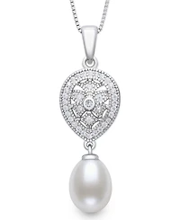 Belle de Mer Cultured Freshwater White Drop Pearl (8-9mm) and Lab Created Sapphire Necklace in Sterling Silver