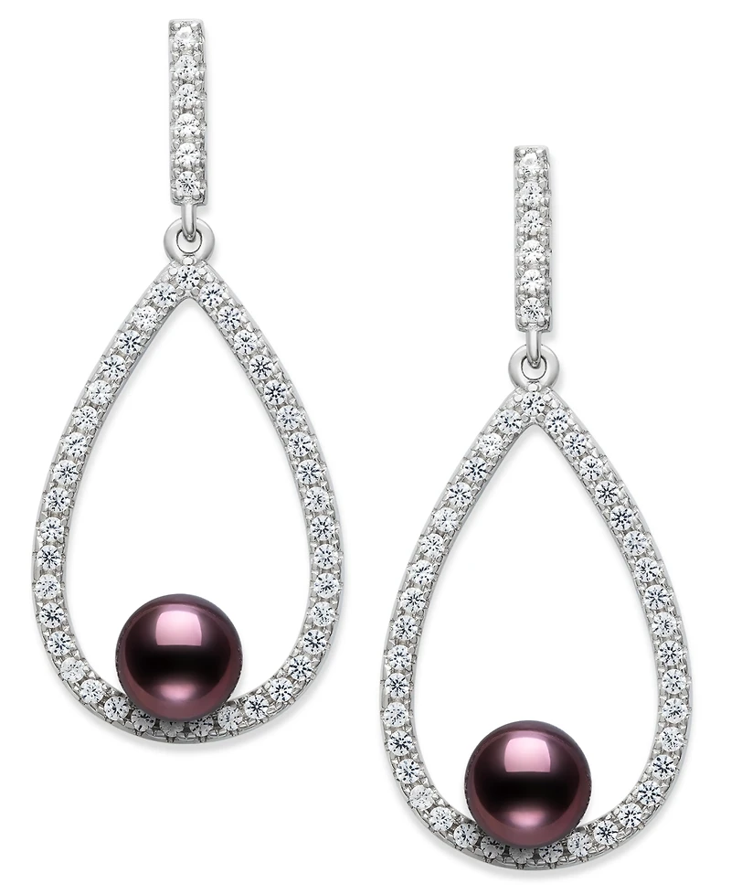 Belle de Mer Cultured Freshwater Peacock Black Pearl (6-7mm) and Lab Created Sapphire Drop Earrings in Sterling Silver