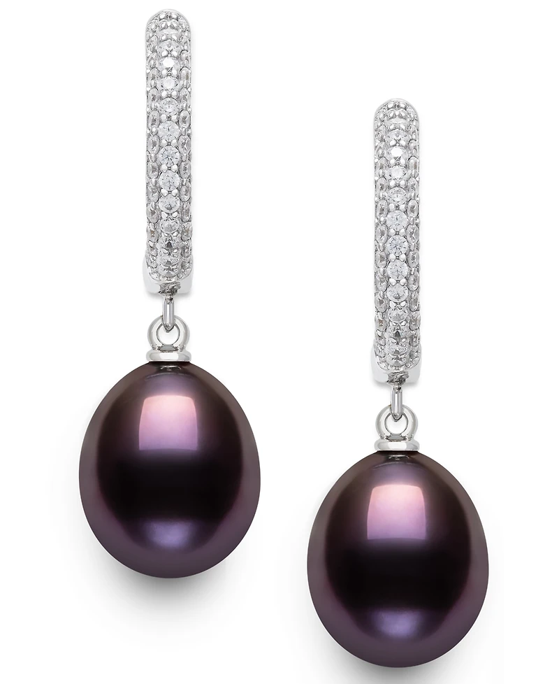 Belle de Mer Cultured Freshwater Peacock Black Pearl (10-11mm) and Lab Created Sapphire Drop Earrings in Sterling Silver